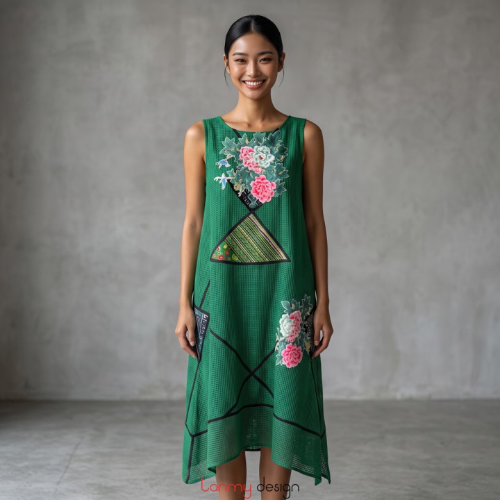 Green A-line mesh dress with ethnic brocade